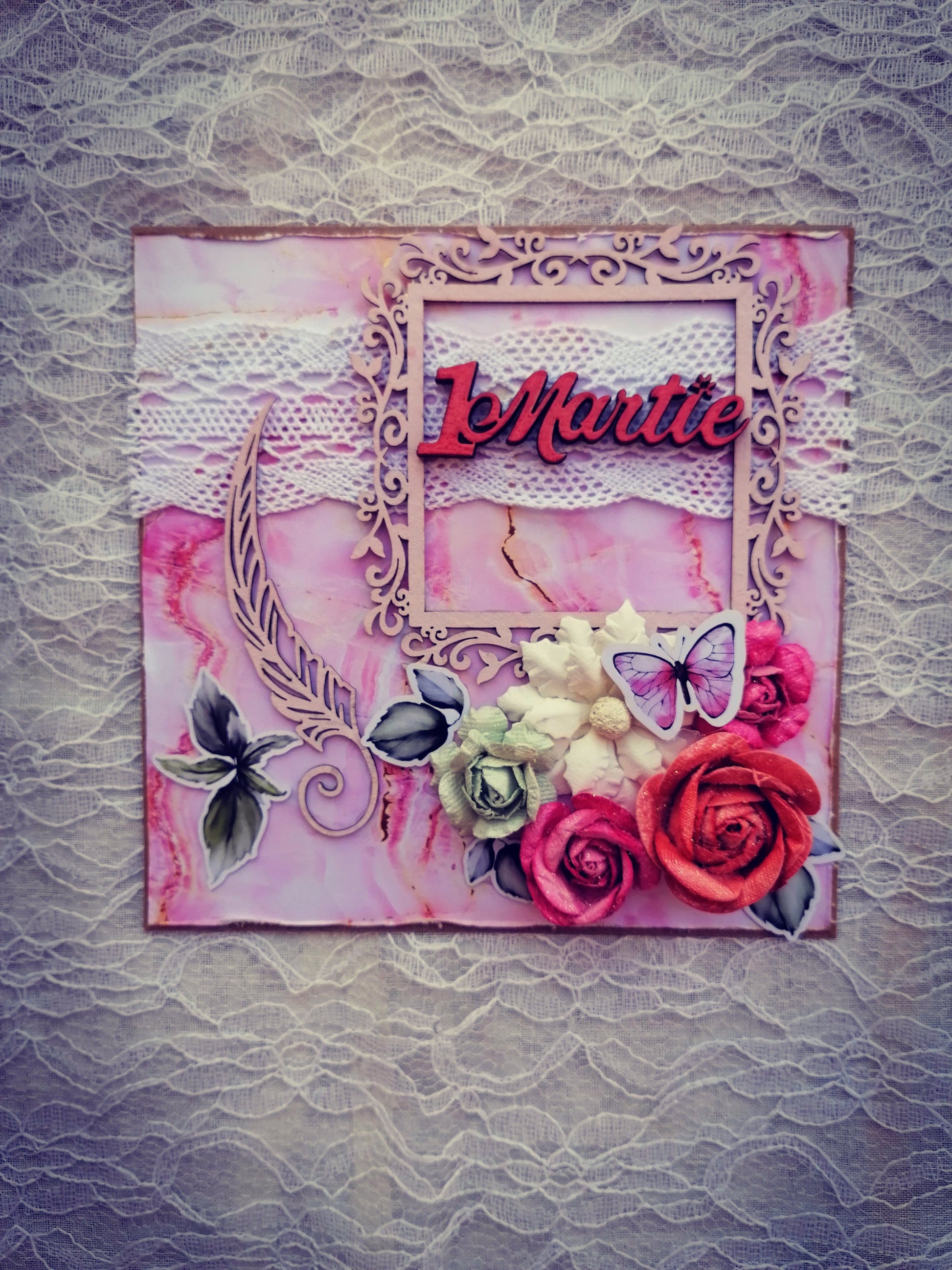 Felicitare Handmade Mixed Media, Pink Spring, 1 Martie, 15 x 15 cm