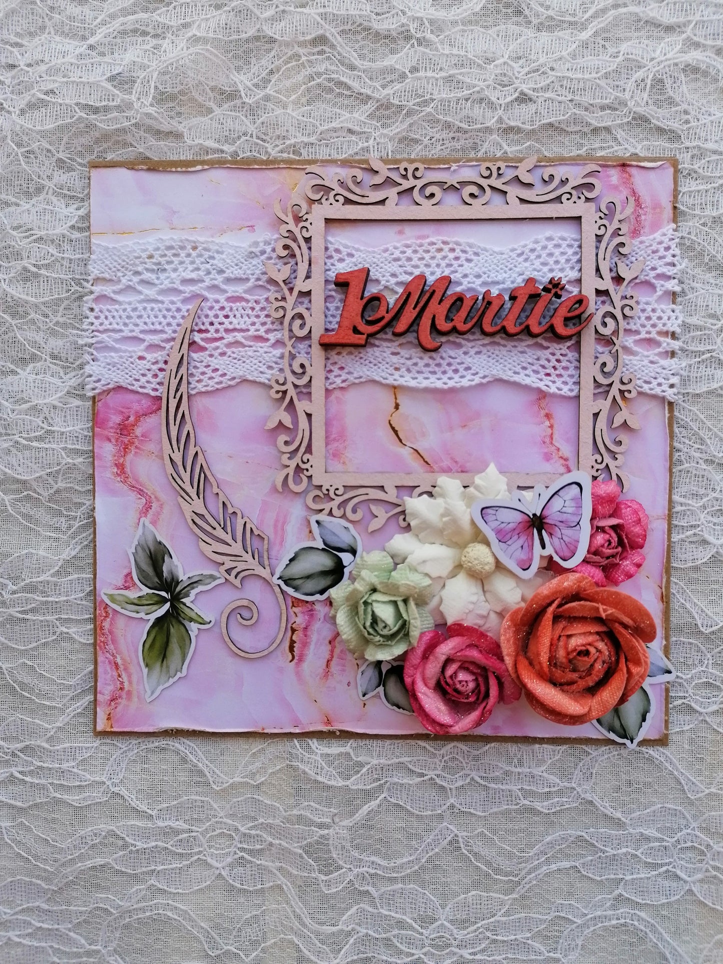Felicitare Handmade Mixed Media, Pink Spring, 1 Martie, 15 x 15 cm